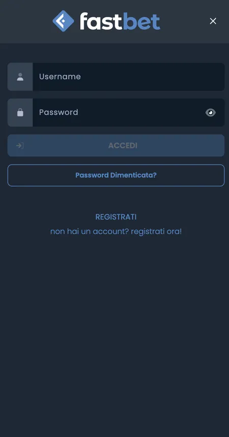 Schermata di login Fastbet con campi username e password
