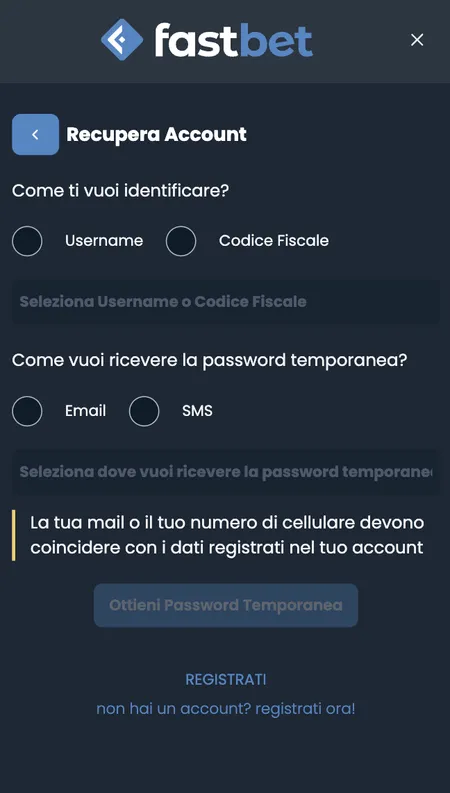 Form recupero password Fastbet
