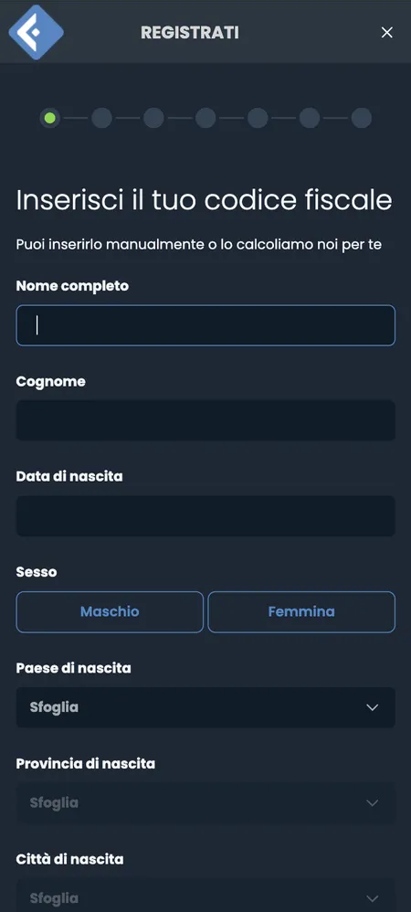 Primo step della registrazione Fastbet: inserimento codice fiscale